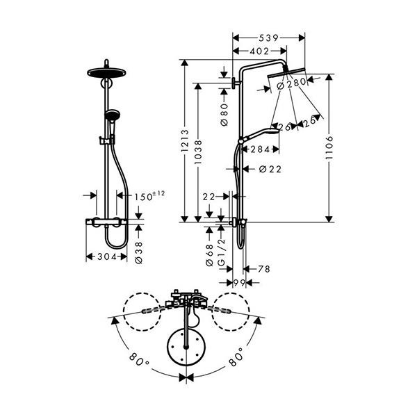 Coloana dus cu baterie si termostat Hansgrohe, Croma Select S 280, 1 jet, crom - 2 | YEO