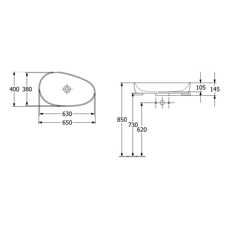 Lavoar pe blat, Villeroy & Boch, Antao, asimetric, 65 cm, alb mat - 1 | YEO