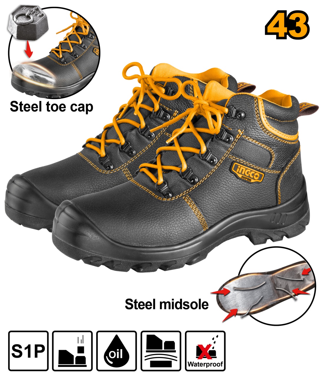 Bocanci Protectie Negri cu Varf Talpa Metalica 43 INGCO SSH04S1P.43
