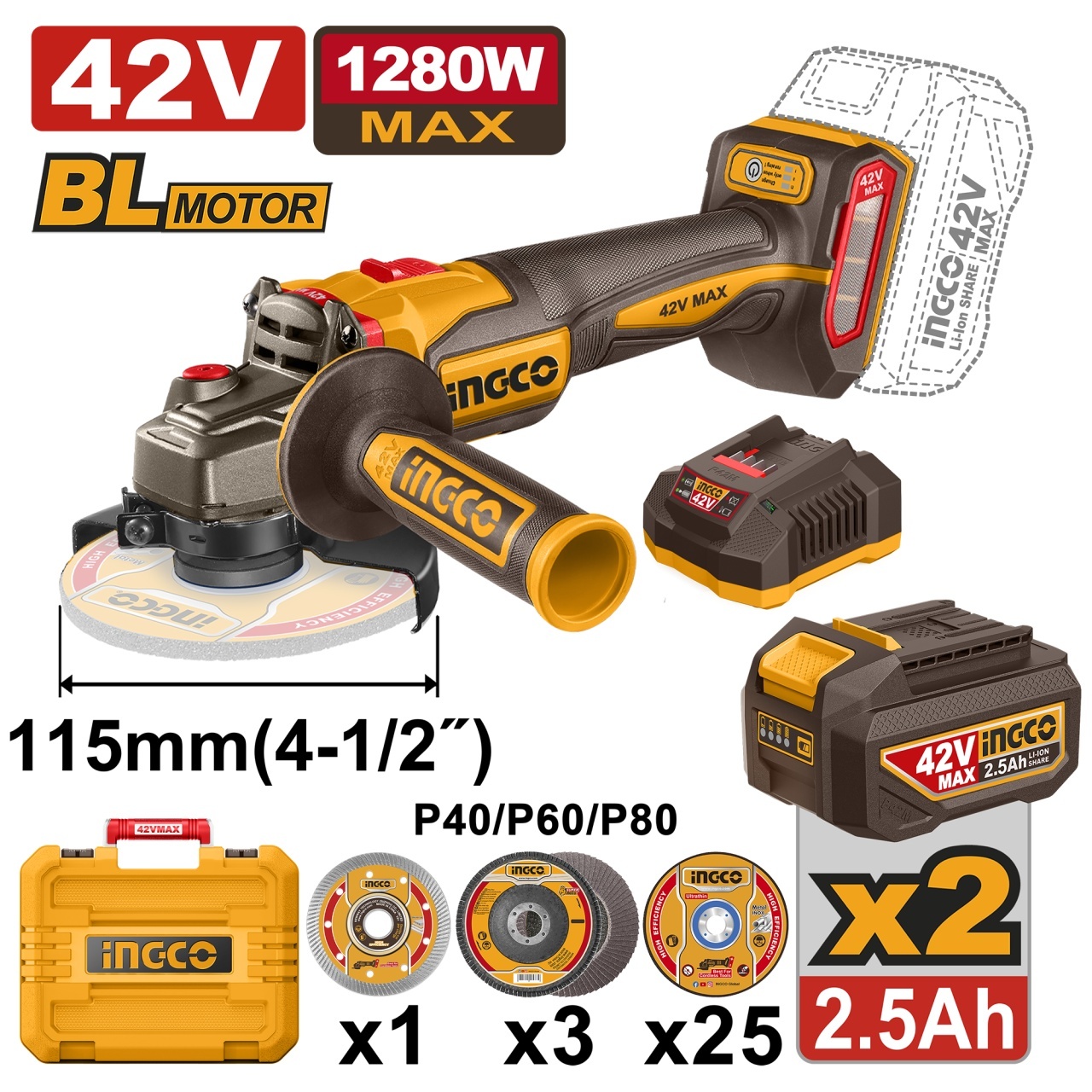 Flex Unghiular 42V cu 2 Acumulatori INGCO CAGLI4128112