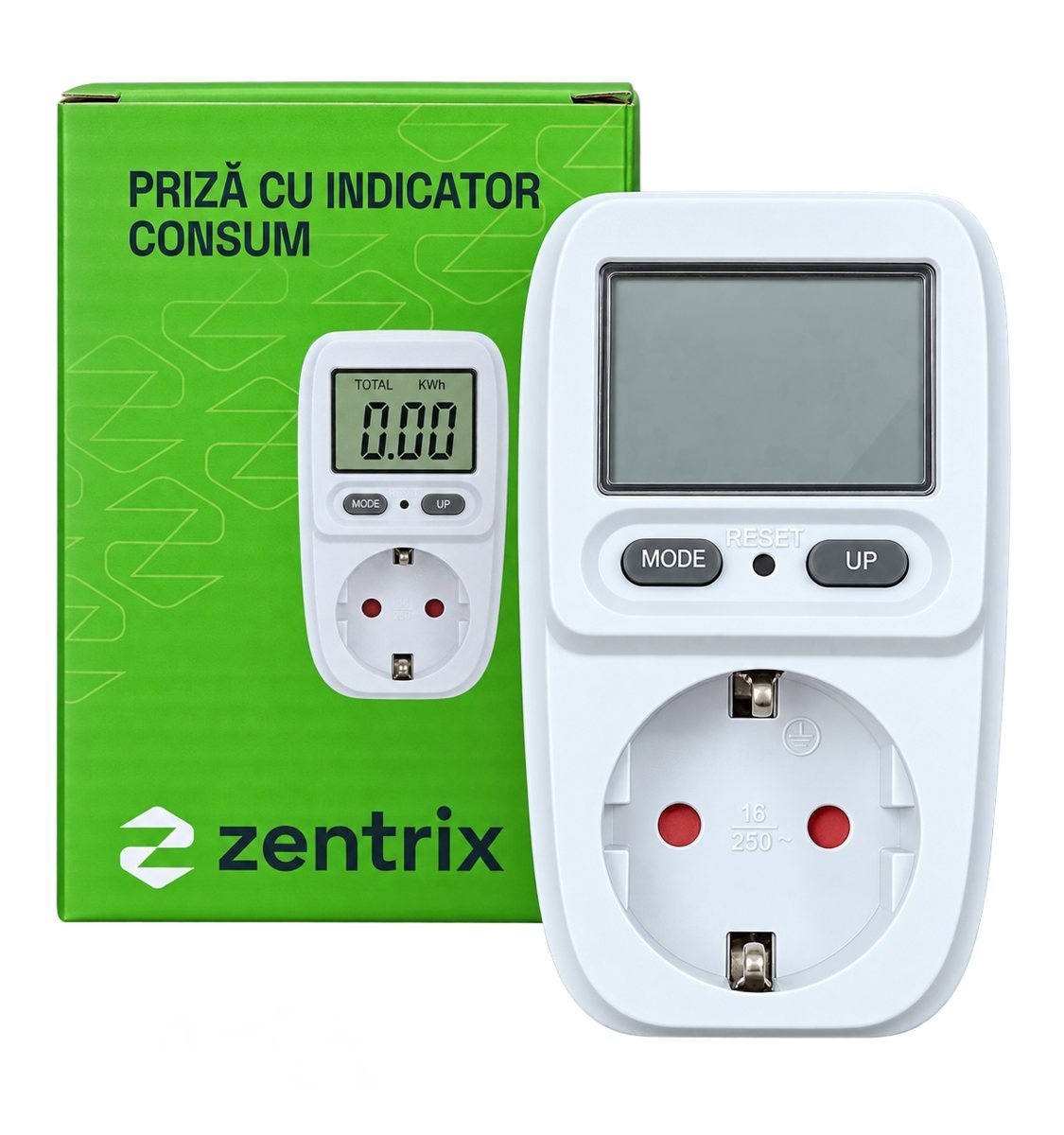 Priză cu indicator de consum ZX0025, pentru afișarea puterii, tensiunii, consumului în kWh și a costului energiei la aparate conectate