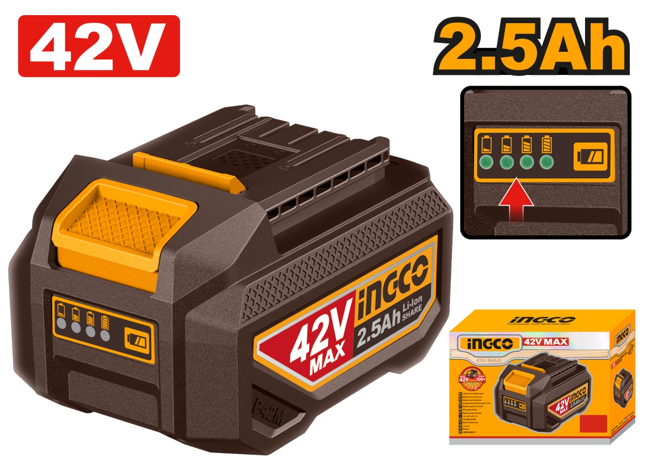 Acumulator INGCO FBLI42251E, 42 V 2,5 Ah Li-Ion P42M, indicator LED incarcare, pentru scule din platforma compatibila, fara incarcator inclus