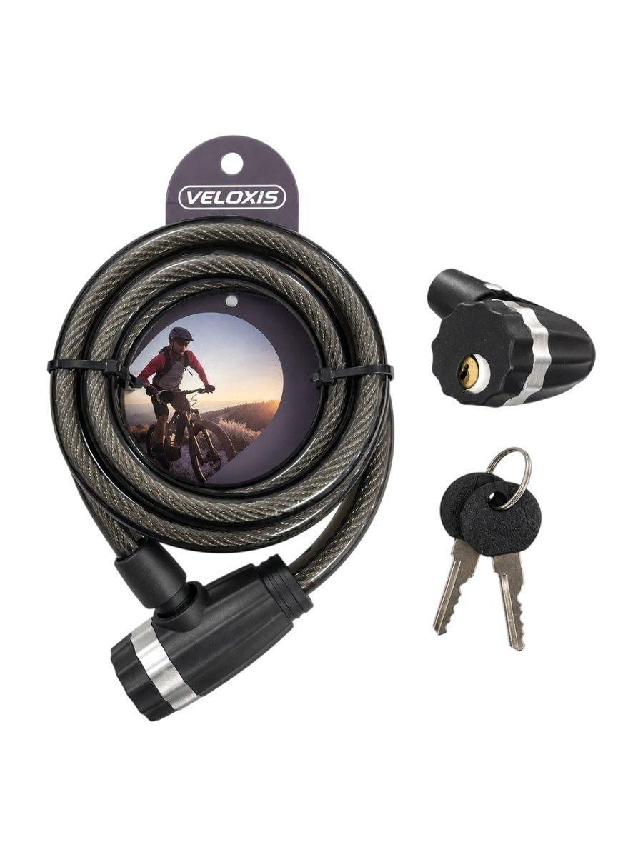 Antifurt VELOXIS VX0082, 12 mm × 1,2 m, model negru cu protecție și închidere cu cheie, pentru fixarea bicicletei la rastel sau punct fix