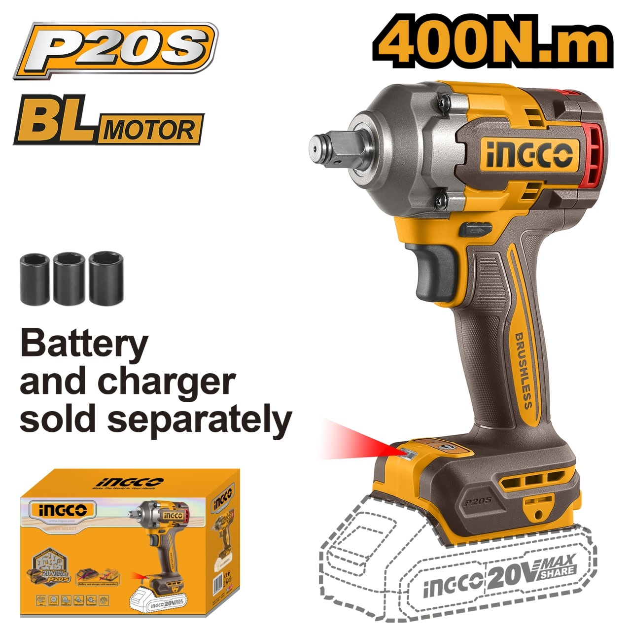Cheie cu impact INGCO CIWLI20401, 20 V, brushless, prindere 1/2 inch, 400 Nm strangere si 550 Nm desfacere, 3 tubulare, fara acumulator si incarcator