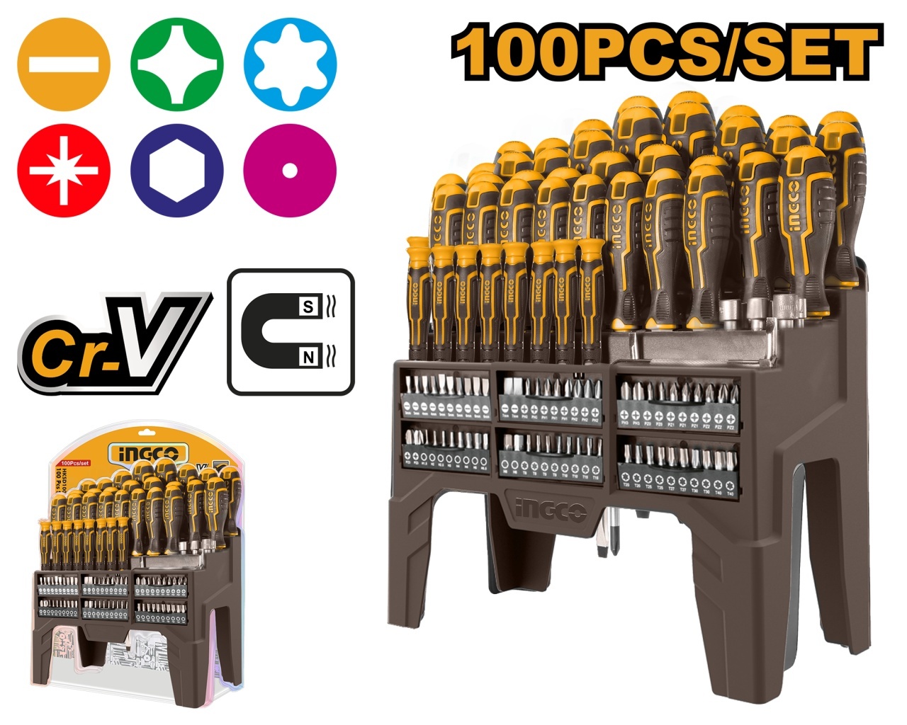 Set surubelnite si biti INGCO HKSD10028, 100 piese Cr-V, capete SL PH PZ Torx Hex, surubelnite de precizie, tubulare 5-10 mm si suport organizator