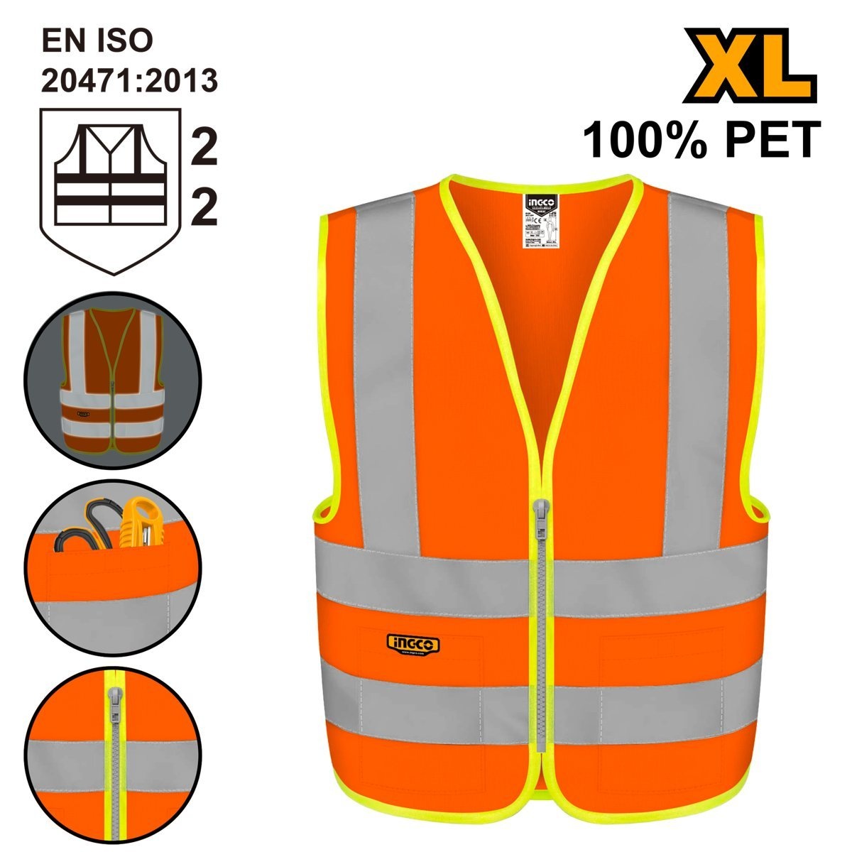 Vestă reflectorizantă RV82XL, portocalie, XL, cu fermuar, pentru echiparea la activități care necesită vizibilitate, în lucru sau deplasare