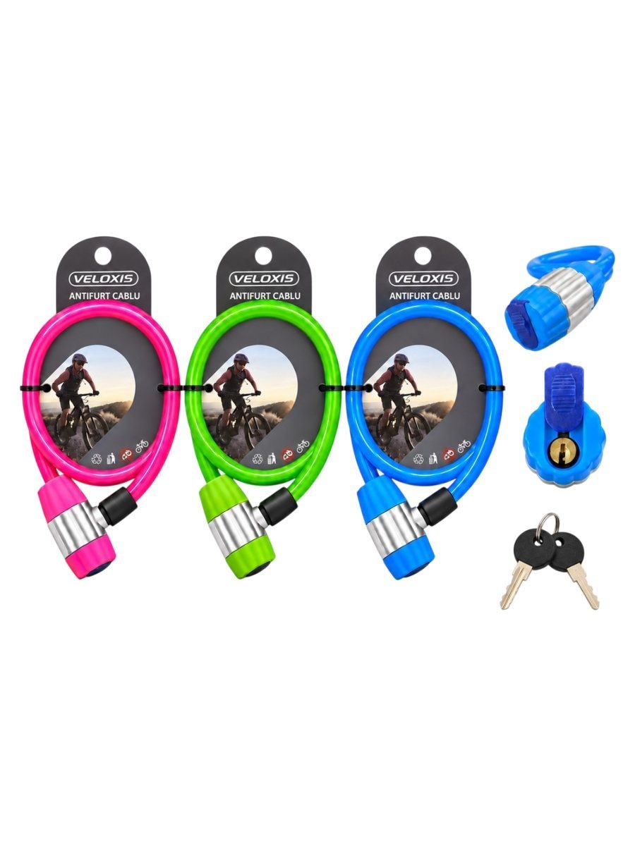 Antifurt VELOXIS VX0078, 80 cm, color, cablu flexibil cu protecție și închidere cu cheie, pentru securizarea bicicletei la un punct fix