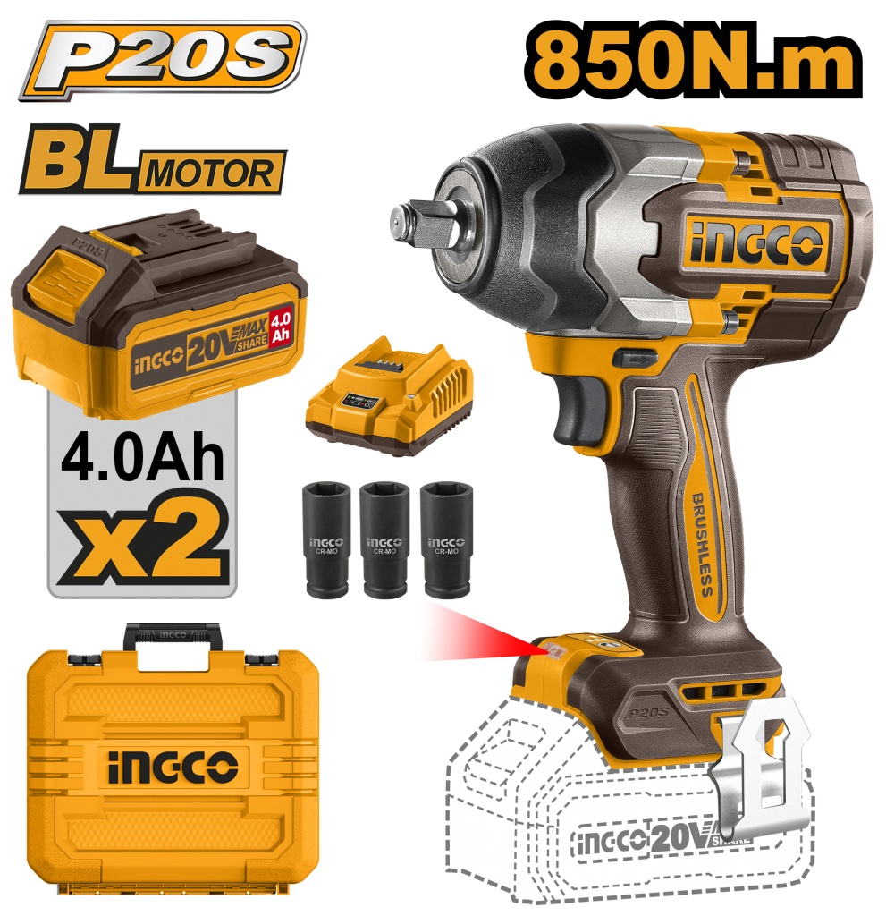 Filetanta cu Impact 20V Brushless 1/2 850Nm INGCO CIWLI2085 cu 2 Acumulatori 4.0Ah si Incarcator, Profesionala pentru Auto si Constructii