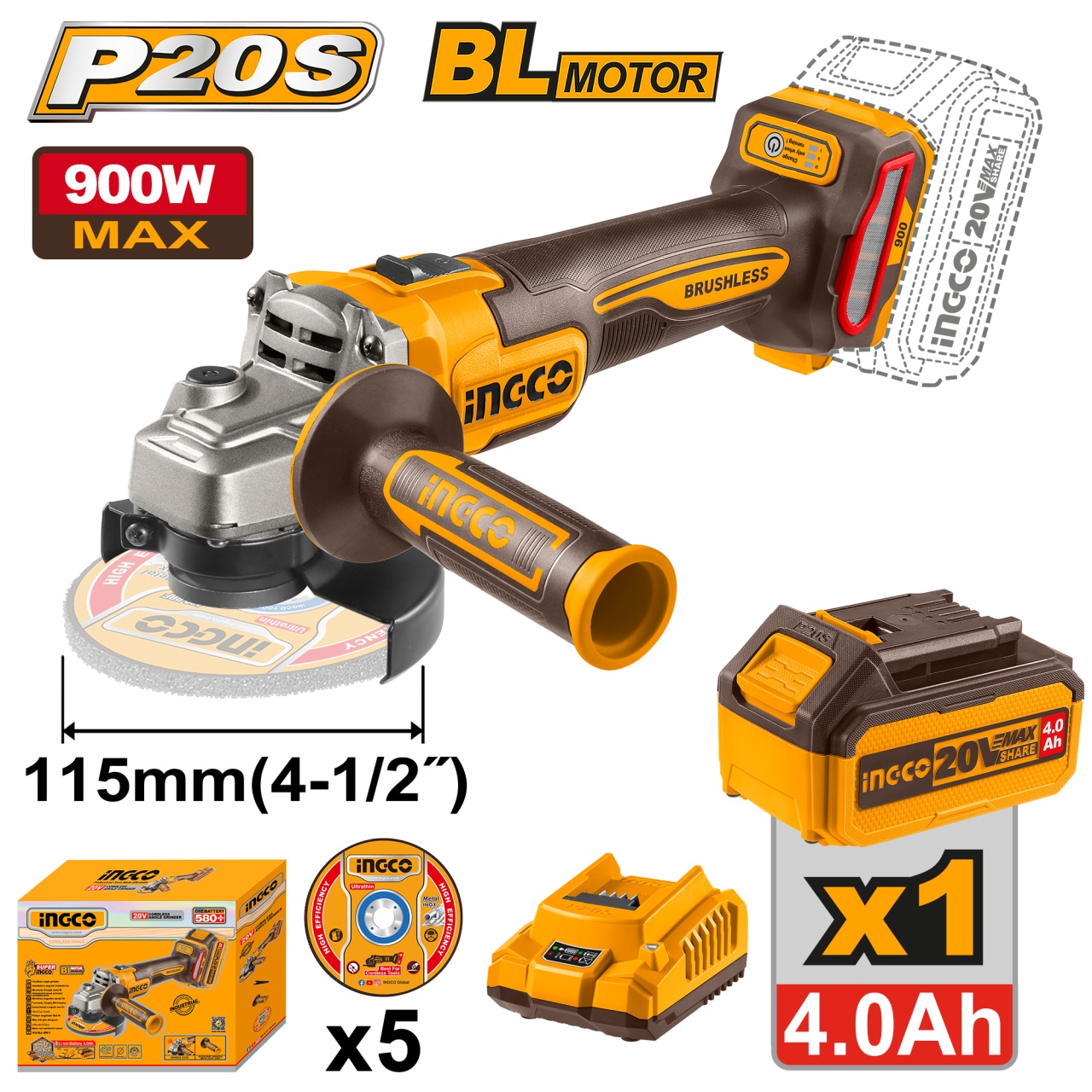Flex Unghiular 20V 115mm 900W cu 1 Acumulator INGCO CAGLI261521E
