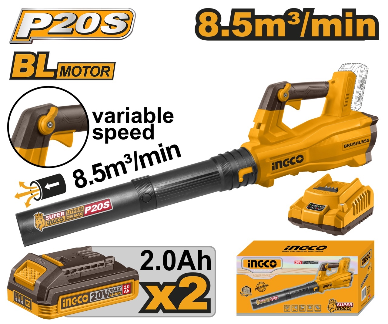 Suflanta Frunze 20V Turatie Reglabila 2 Acumulatori INGCO CABLI20428E