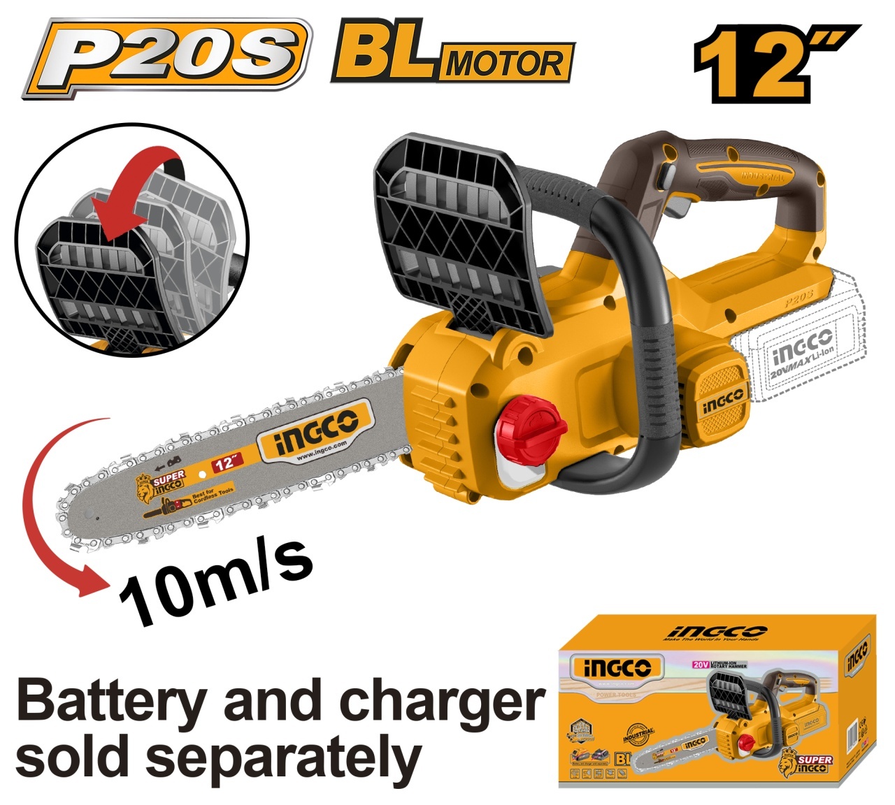 Motofierastrau INGCO CGSLI20126, 20 V P20S, brushless, sina 30 cm 12 inch, lant 10 m/s, frana rapida, ungere automata, fara acumulator si incarcator