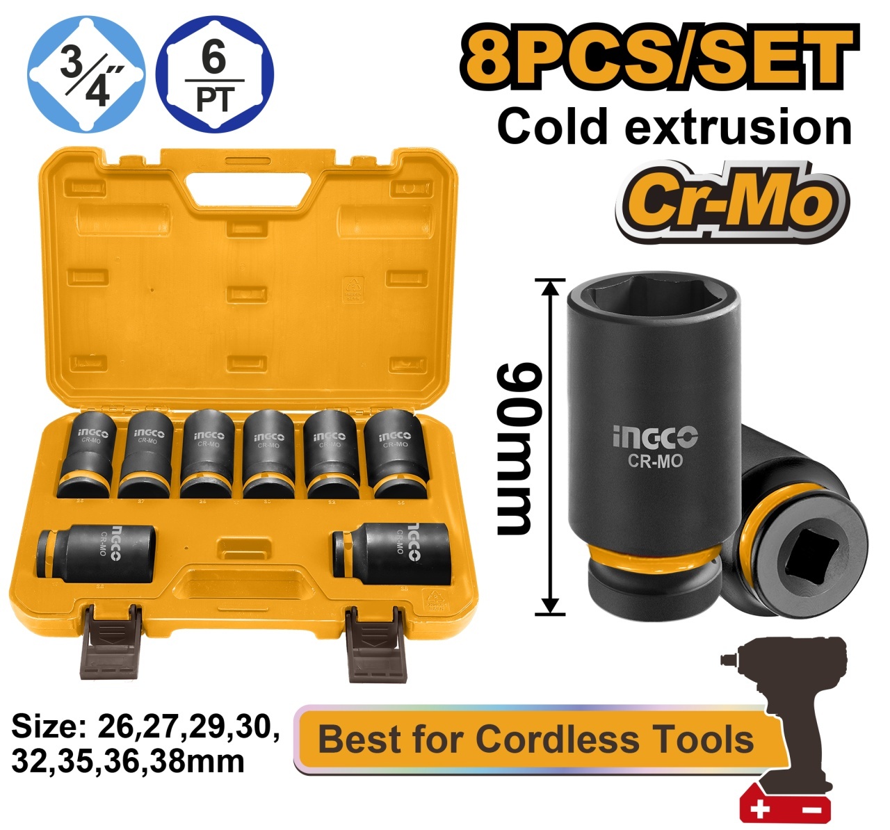 Chei Tubulare Impact 3/4 Set 8buc INGCO HKISSD34082L