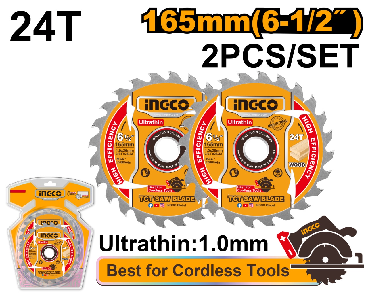 Disc Widia Lemn 165mm Ultra Subtire pentru Circular pe Acumulator 2buc/set INGCO TSB1653