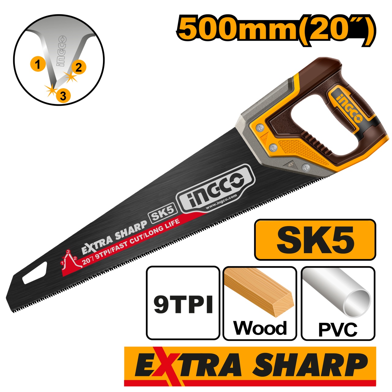 Fierastrau manual lemn INGCO HHAS68500, lama 500 mm 20 inch, otel SK5, 9 TPI, dinti tratati termic, strat negru si protectie dinti pentru depozitare