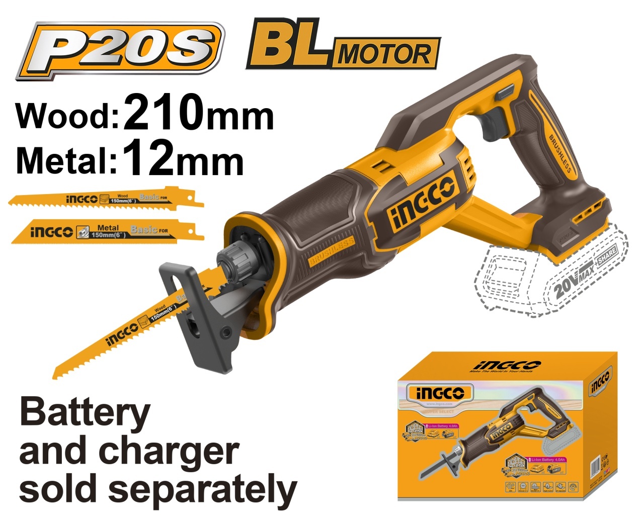 Fierastrau Sabie 20V Brushless INGCO CRSLI2108 pentru Lemn si Metal, Taiere Rapida, Fara Acumulator si Incarcator