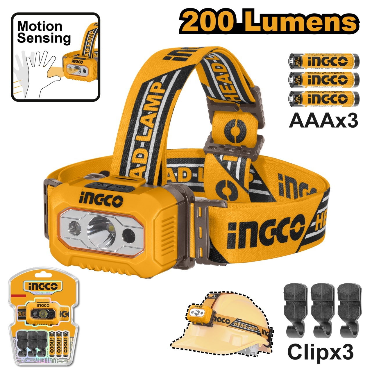 Lanterna frontala INGCO HHL013AAA8, 200 si 100 lumeni, fascicul pana la 91 m, senzor miscare, IPX4, alimentare 3 AAA, pentru lucru cu mainile libere