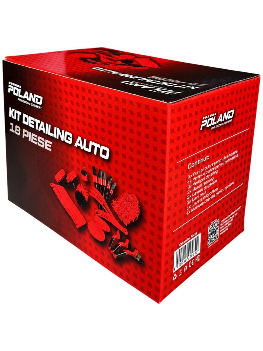 Perii detailing auto POLAND P0105, 18 bucăți, set pentru curățarea jantelor, bordului, grilelor și zonelor greu accesibile din interior și exterior
