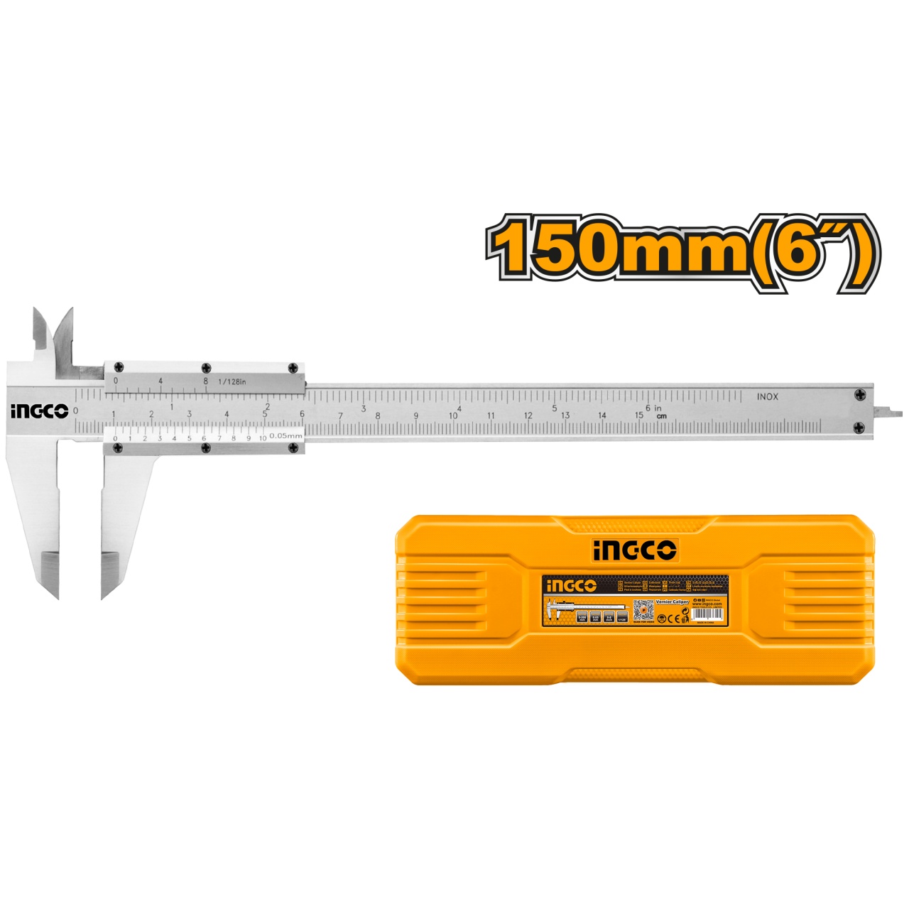 Subler analog INGCO HVC01150, domeniu 0-150 mm, citire 0,05 mm, otel carbon, scala metrica si inch, masurare exterior interior si adancime, cu cutie