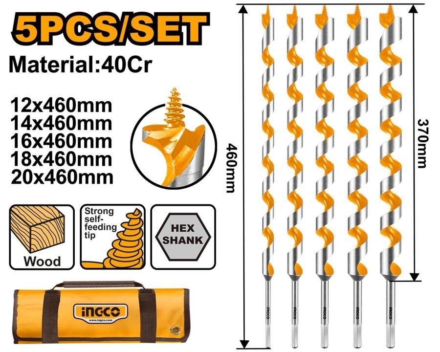 Burghie lemn INGCO DBW0501, set 5 bucăți, cu prindere hexagonală, pentru găurirea lemnului la lucrări de montaj, tâmplărie și bricolaj