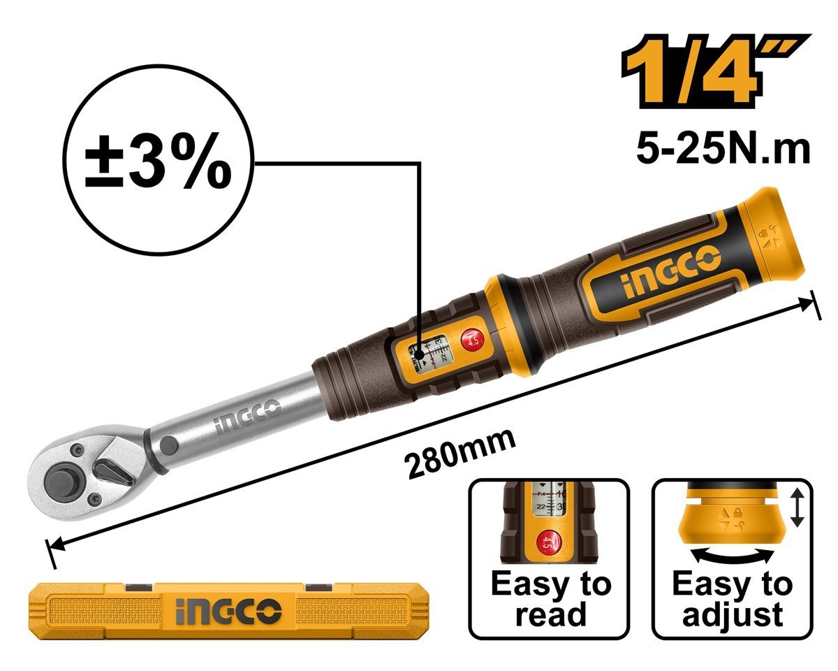 Cheie dinamometrică INGCO HPTW1425N8, 1/4, pentru strângeri controlate cu tubulare compatibile, la lucrări mecanice și operații de service