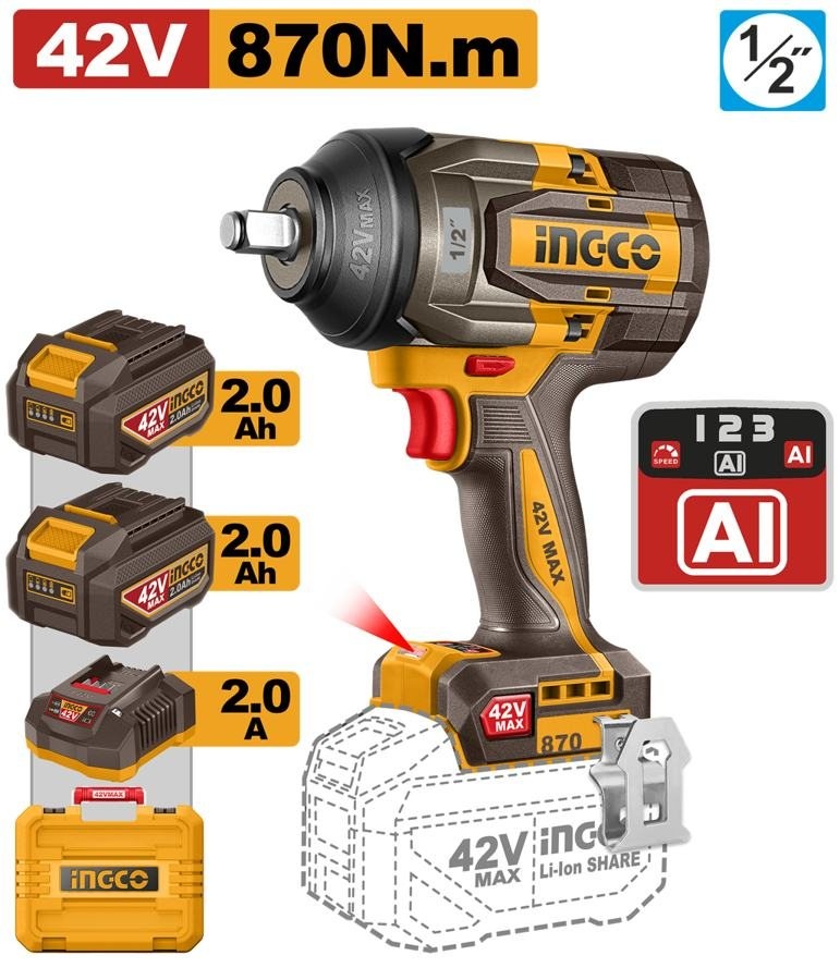 Cheie impact INGCO CIWLI42862E, 42 V, 850 Nm, cu prindere 1/2 și doi acumulatori de 2 Ah, pentru înșurubare și desfacere în lucrări de service