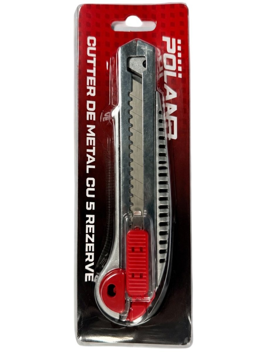 Cutter metalic POLAND P0096, 5 rezerve, cu lamă segmentată și sistem glisant, pentru carton, folie, hârtie și lucrări de ambalare sau montaj