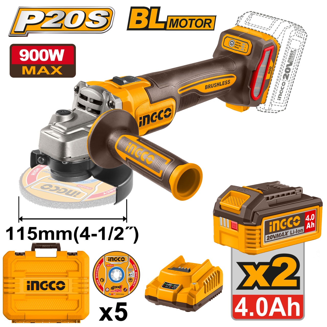 Flex Unghiular 20V 115mm BL cu 2 Acumulatori INGCO CAGLI261522E