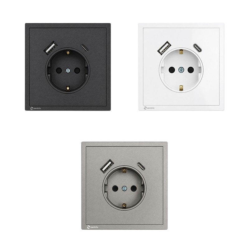 Priza cu USB + Type-C 5V / 2000 mA, 80 x 80 mm NEAGRA