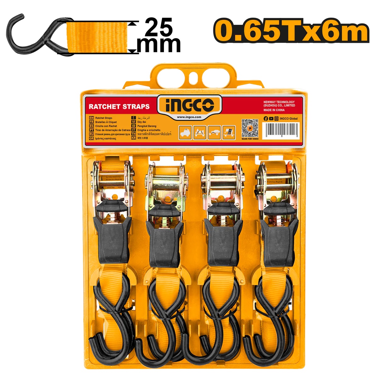 Set 4 chingi ancorare INGCO HRSP065607, lungime 6 m, latime 25 mm, poliester PES, cu clichet metalic si carlige S, pentru fixare marfa in transport
