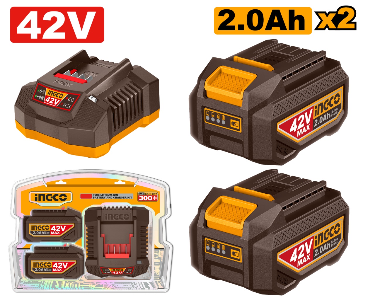 Baterie (Acumulator) 42V 2Ah INGCO FBCPM20221 Set 2 buc cu Incarcator P42M, Li-Ion pentru Scule Electrice, Autonomie Mare