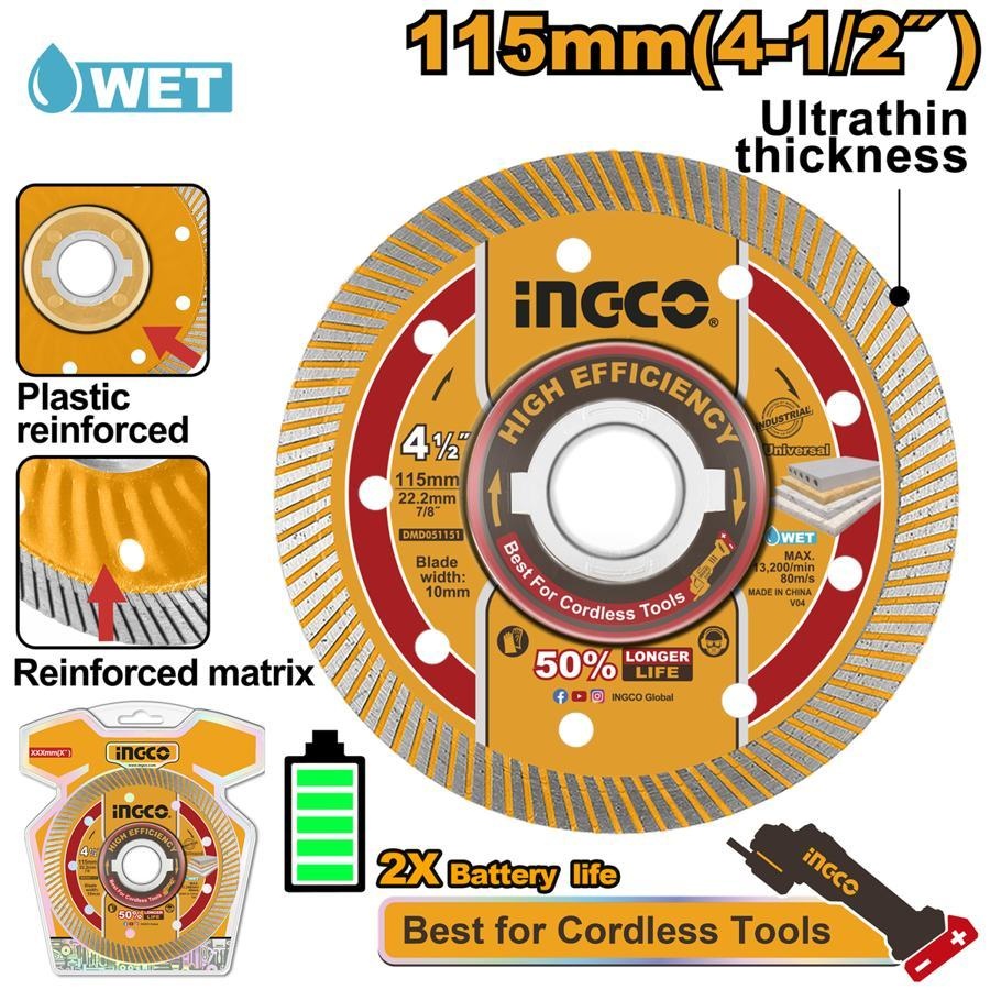 Disc diamantat INGCO DMD051151, 115 mm, cu margine continuă și corp ultrasubțire, pentru lucrări de tăiere pe materiale compatibile