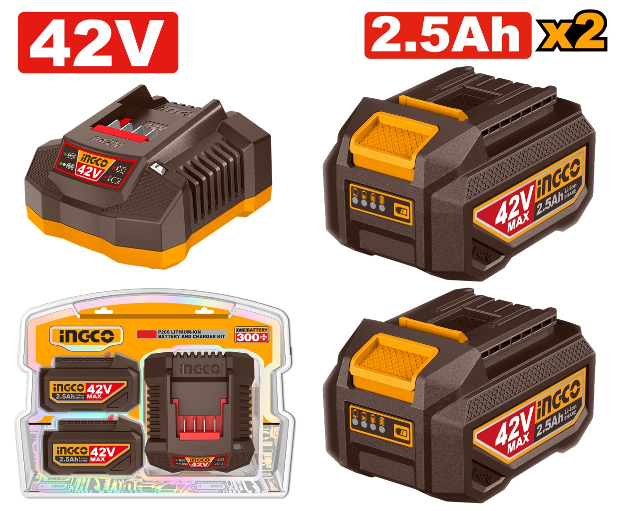 Baterie (Acumulator) 42V 2.5Ah Set 2 Buc cu Incarcator INGCO FBCPM25221