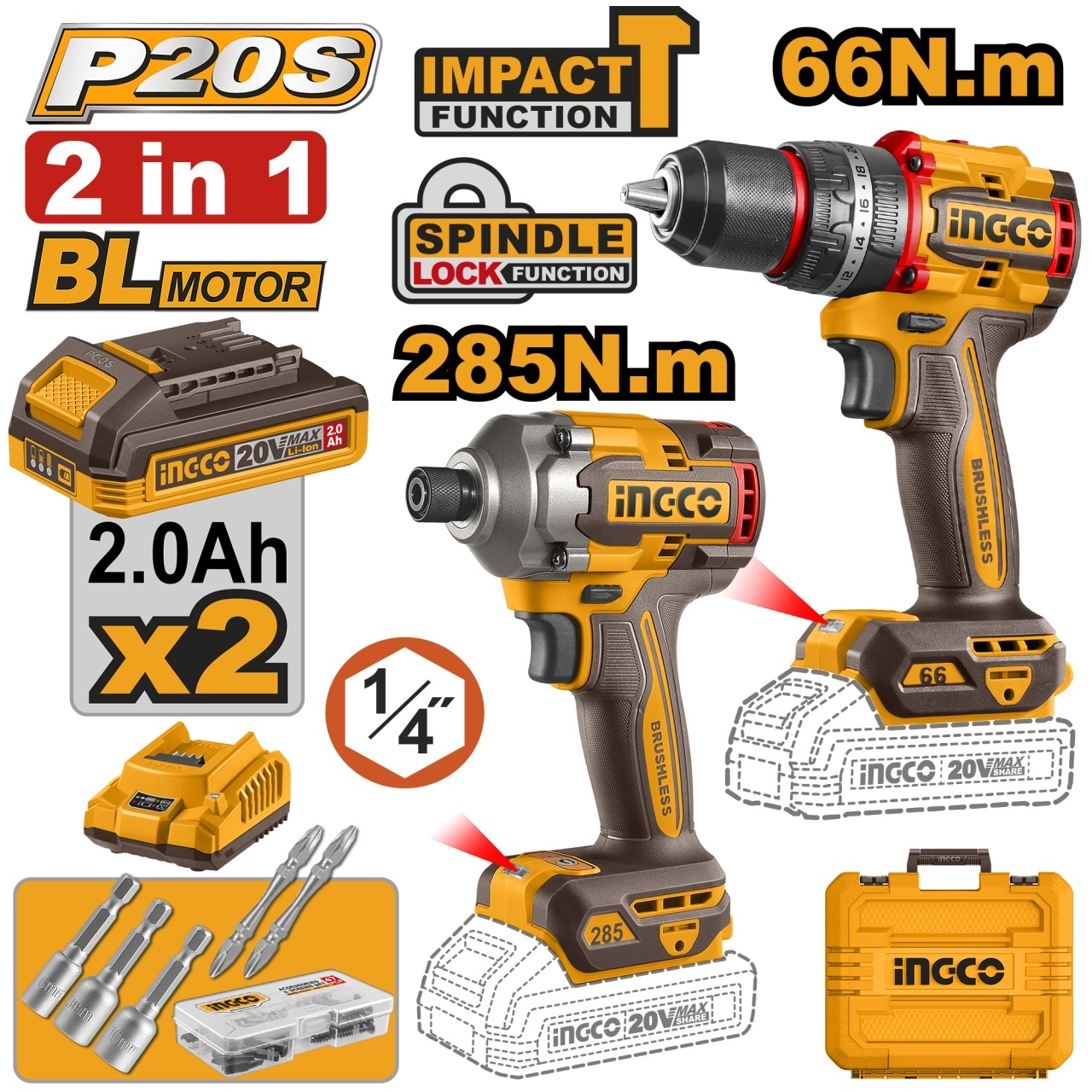 Bormasina 20V 66nm cu Impact +Filetanta 20V 1/4 285nm INGCO CKLI20277E