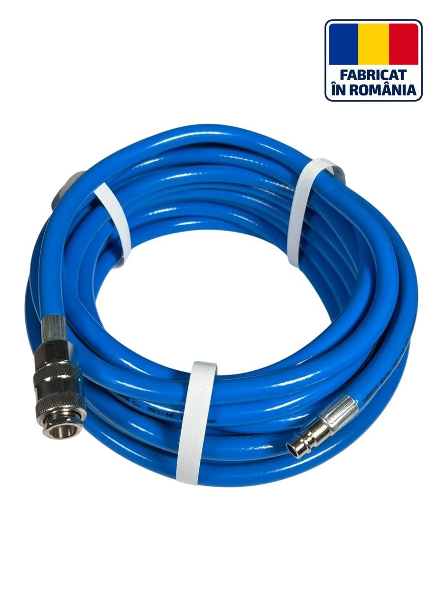 Furtun aer B0422, 8 × 13,5 mm, 15 m, cu conectori pentru racordarea compresorului la scule și accesorii pneumatice în atelier sau garaj