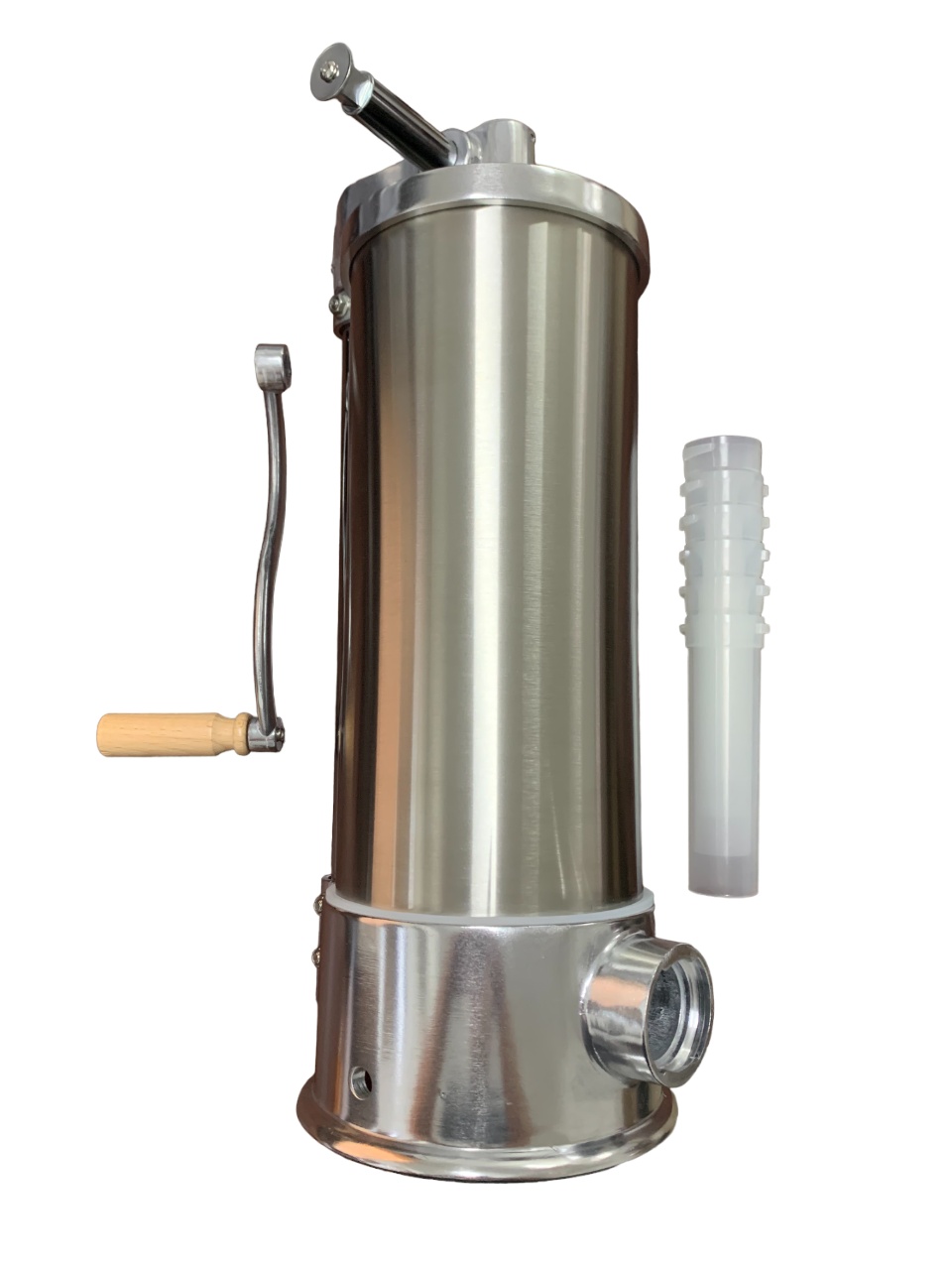 Masina verticala umplut carnati BERVAS B1770, 5,5 kg, inox, prindere tip menghina, maner rotativ din lemn, set 6 palnii 14-35 mm, actionare manuala