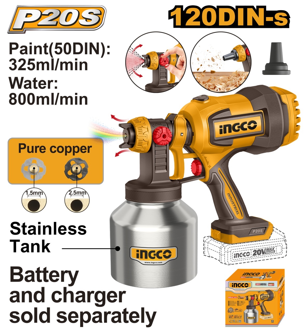 Pistol Vopsit 20V 800ml 120DIN-s INGCO CSGLI20041