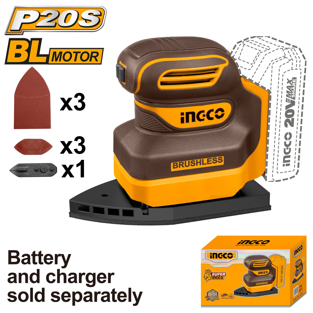Slefuitor triunghiular INGCO CPSLI2024, 20 V, brushless, 12000 rpm, pad tip deget si 6 foi abrazive, pentru colturi, fara acumulator si incarcator