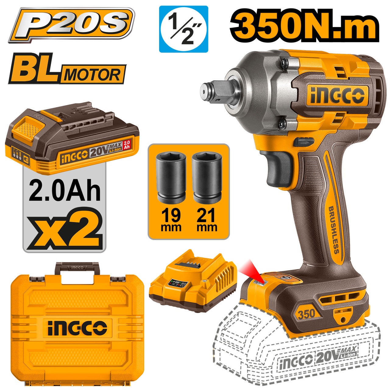 Filetanta 20V 1/2 350Nm cu 2 Acumulatori INGCO CIWLI2035