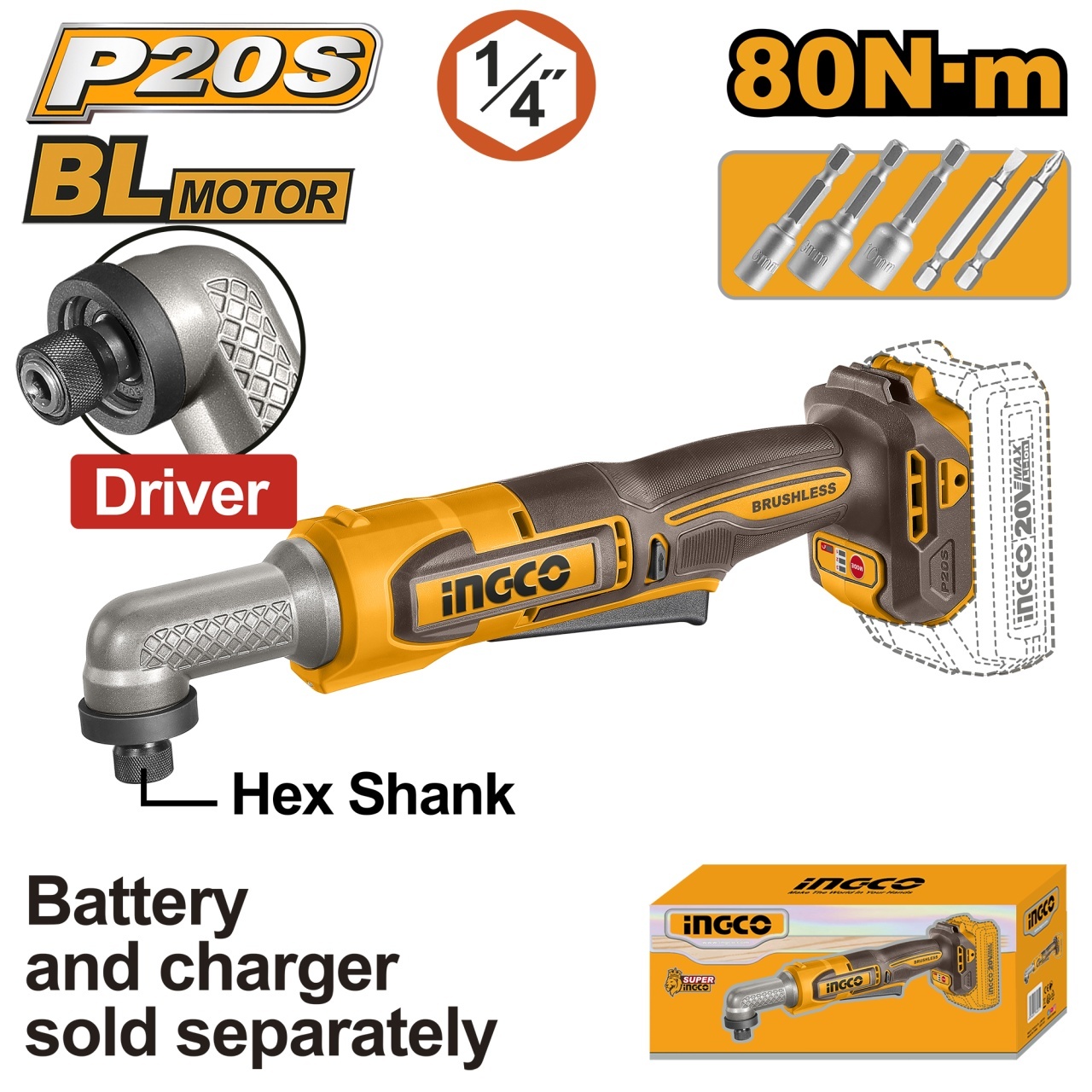 Masina insurubat unghiulara INGCO CAIRLI2081, 20 V, brushless, 80 Nm, Hex 1/4 inch, cap 90 grade, 3 viteze, fara acumulator si incarcator, cu biti