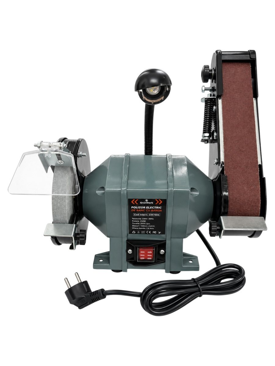 Polizor de banc GrünWerk GW7604, 250 W, cu bandă de șlefuire, pentru prelucrare și finisare în atelier, pe materiale compatibile