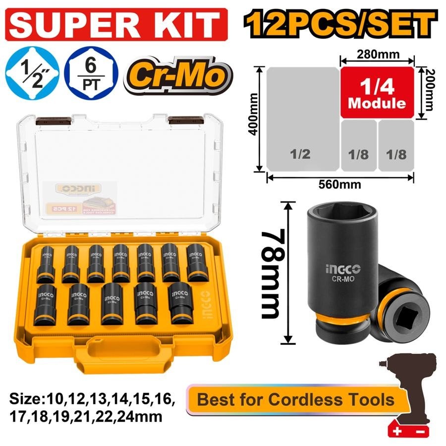 Tubulare impact INGCO HKISSD12126L, 12 piese, set de tubulare lungi cu prindere 1/2, pentru șuruburi și piulițe în montaj și lucrări mecanice
