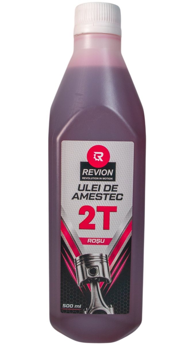 Ulei amestec Revion 2T roșu D298, 500 ml, pentru motoare în doi timpi, utilizare la motocoase și motofierăstraie conform dozajului recomandat