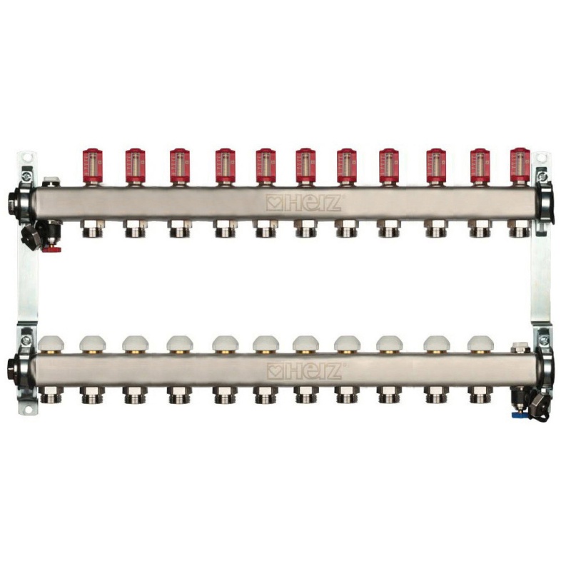 Distribuitor pentru incalzire pardoseala, 11 cai, HERZ, inox 1", cu iesire G 3/4