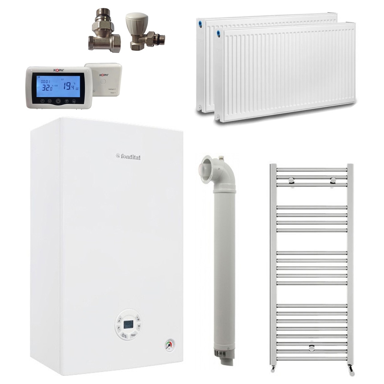 Pachet apartament cu o camera, centrala termica pe gaz in condensare Fondital Tenerife KC 24 kW, Calorifere, Termostat Inteligent, Set robineti