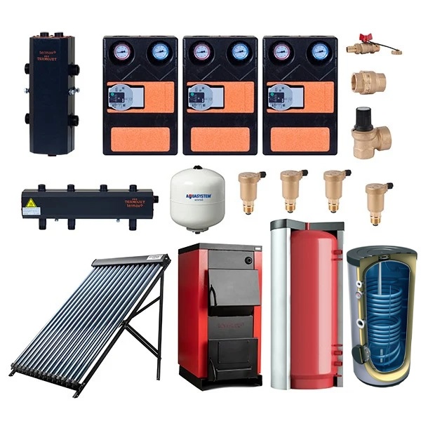 Pachet centrala/cazan Termax 40 kW echipata cu Puffer 1000 litri, Butelie de egalizare, Grupuri de pompare, Boiler stativ 200 litri, Colector solar