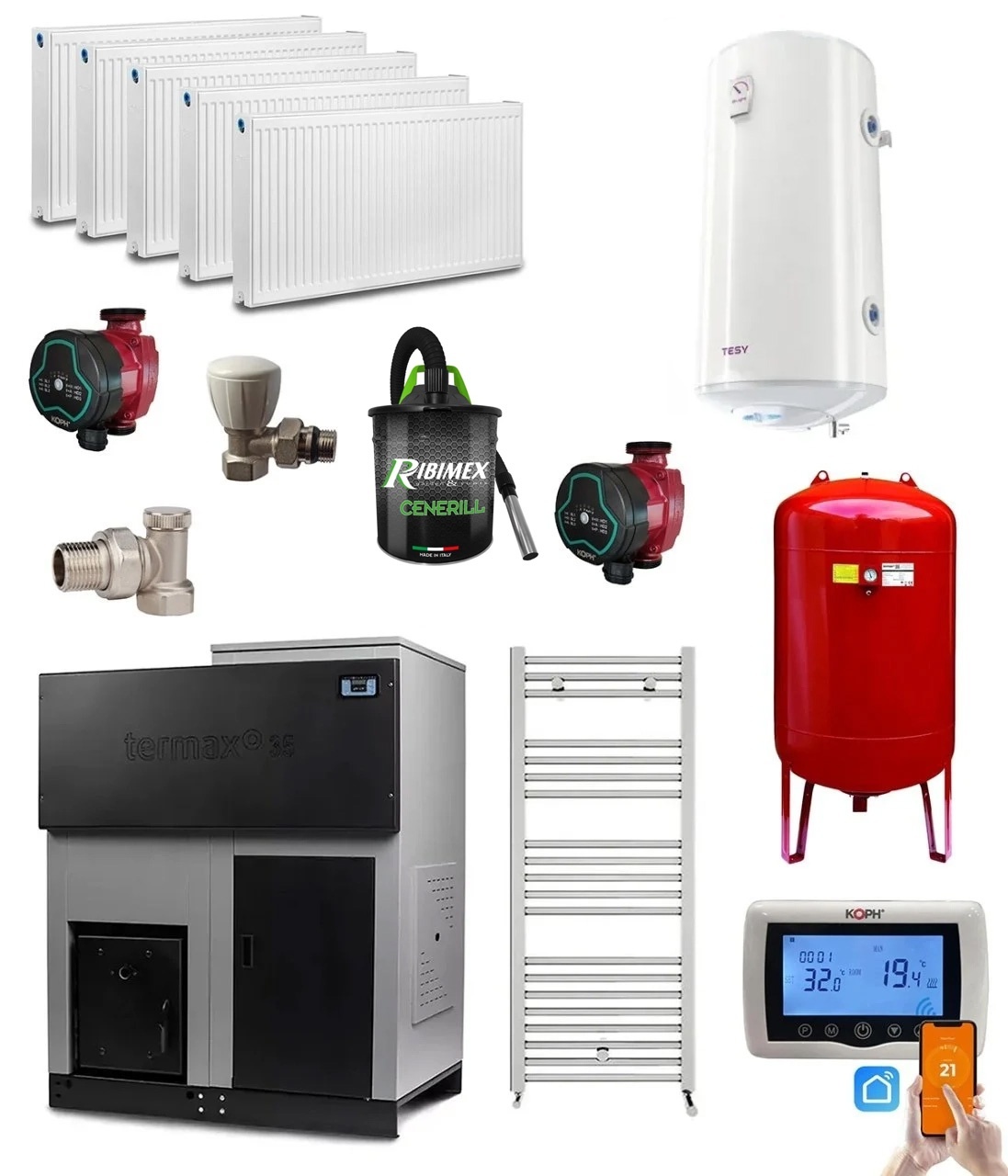 Pachet centrala cu peleti Termax ECO GRI 35 kW, 220 mp, buncar peleti 130 kg, volum apa 95 litri, diametru cos fum ⌀80 mm, Calorifere, Pompe