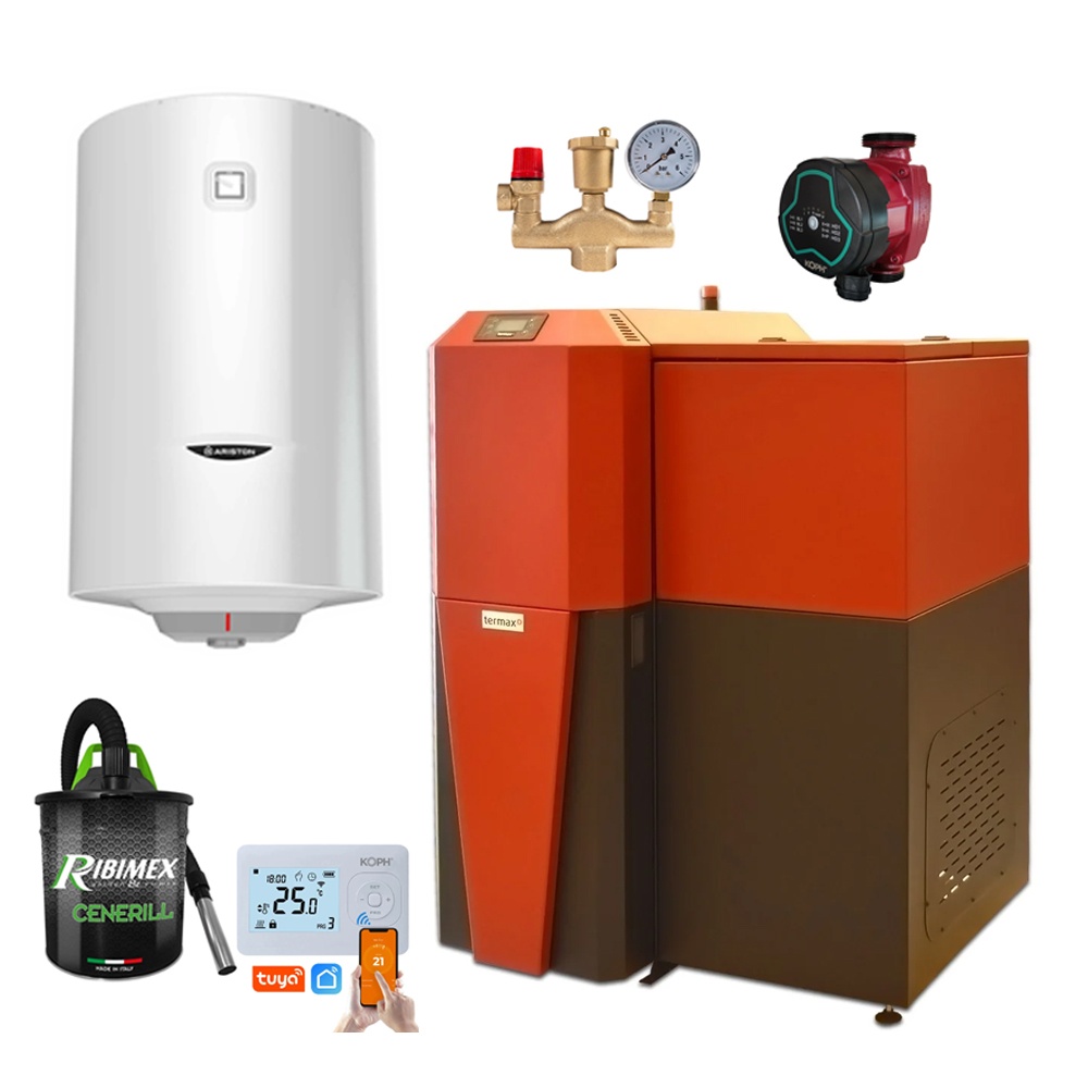 Pachet centrala mixta lemn/pelet Termax Tera 28 kW, 185 mp, buncar peleti 95 kg, volum manta apa 75 litri, diametru cos Ø120 mm, Termostat inteligent