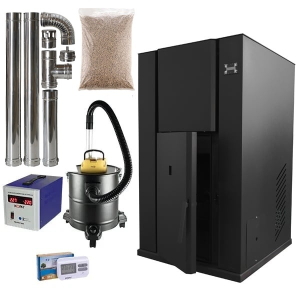 Pachet centrala peleti KOPH PM 35 KW, 230 mp, buncar peleti 80 kg, diametru cos fum ⌀100 mm, pompa recirculare si vas expansiune incorporate, Negru
