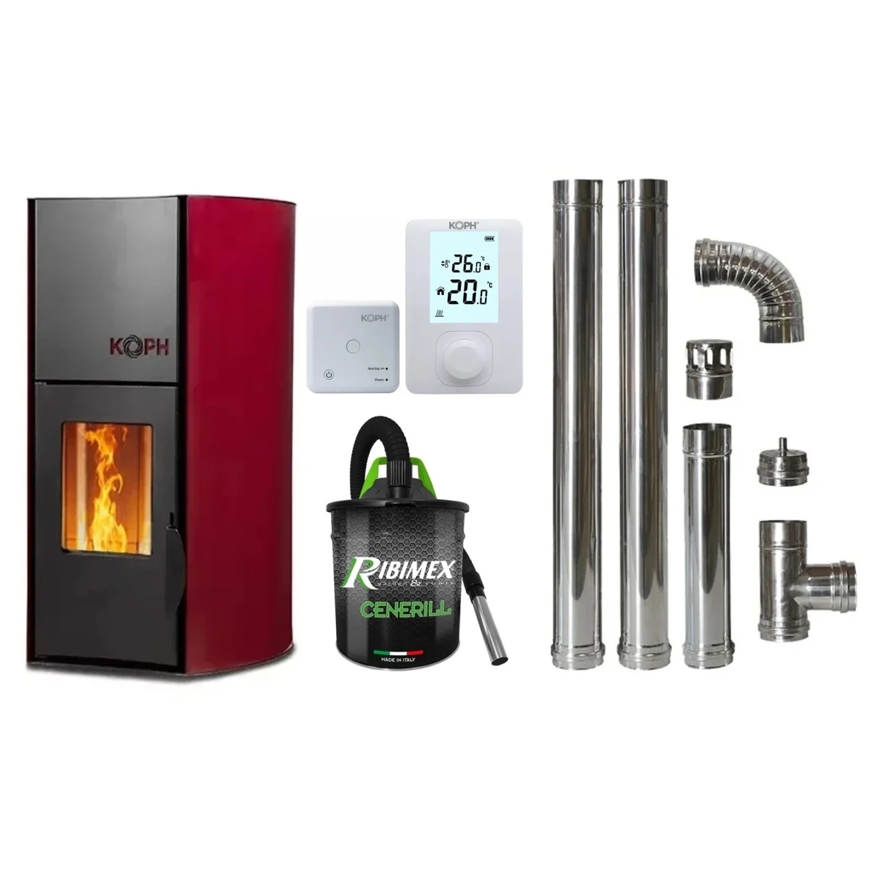 Pachet economic - Termosemineu cu peleti KOPH PM 30 kW, 200 mp, buncar peleti 30 kg, diametru cos fum ⌀80 mm, pompa recirculare si vas expansiune