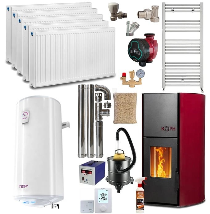Pachet termosemineu cu peleti KOPH PM 18 kW, 120 mp, buncar 15 kg, diametru cos fum ⌀80 mm, pompa recirculare si vas expansiune incorporate, Bordo,